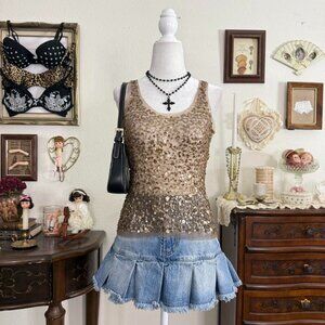 y2k grunge glam bronzed sheer mesh sequins top